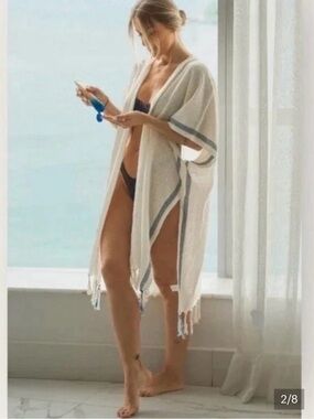 Rays For Days Women Ivory Fringe Blue Stripe Beach Swim Cover-Up Kimono Cotton